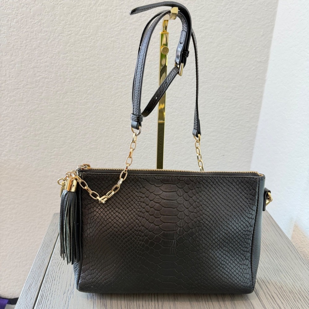 GiGi‎ New York Black Python Embossed Leather Crossbody Bag with Tassel Gold Tone